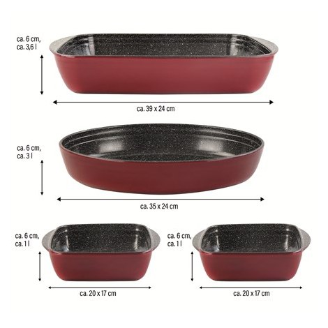 Stoneline | Yes | Casserole dish set of 4pcs | 21789 | 1+1+3+3.6 L | 20x17/35x24/39x24 cm | Borosilicate glass | Red | Dishwashe - 2